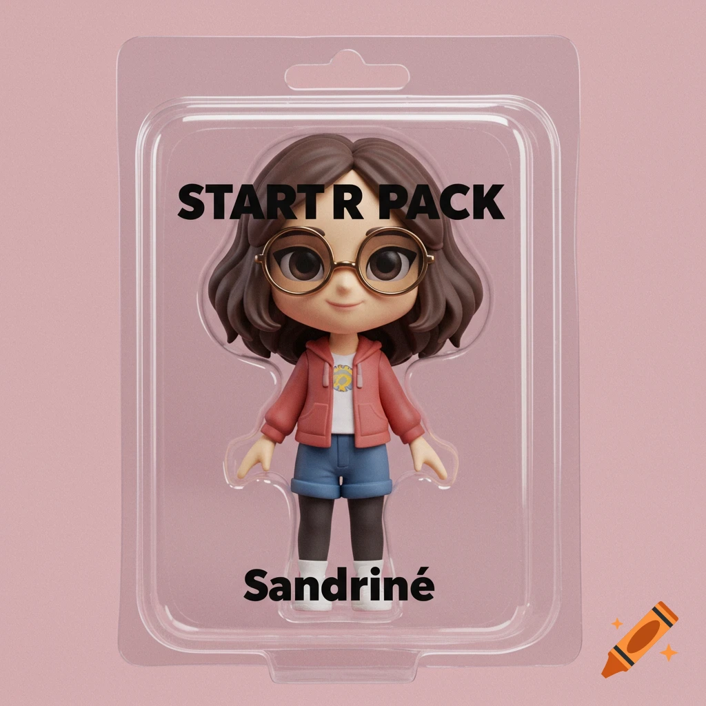 3D render of a figurine in plastic packaging with 'START R PACK' and 'Sandriné' text.