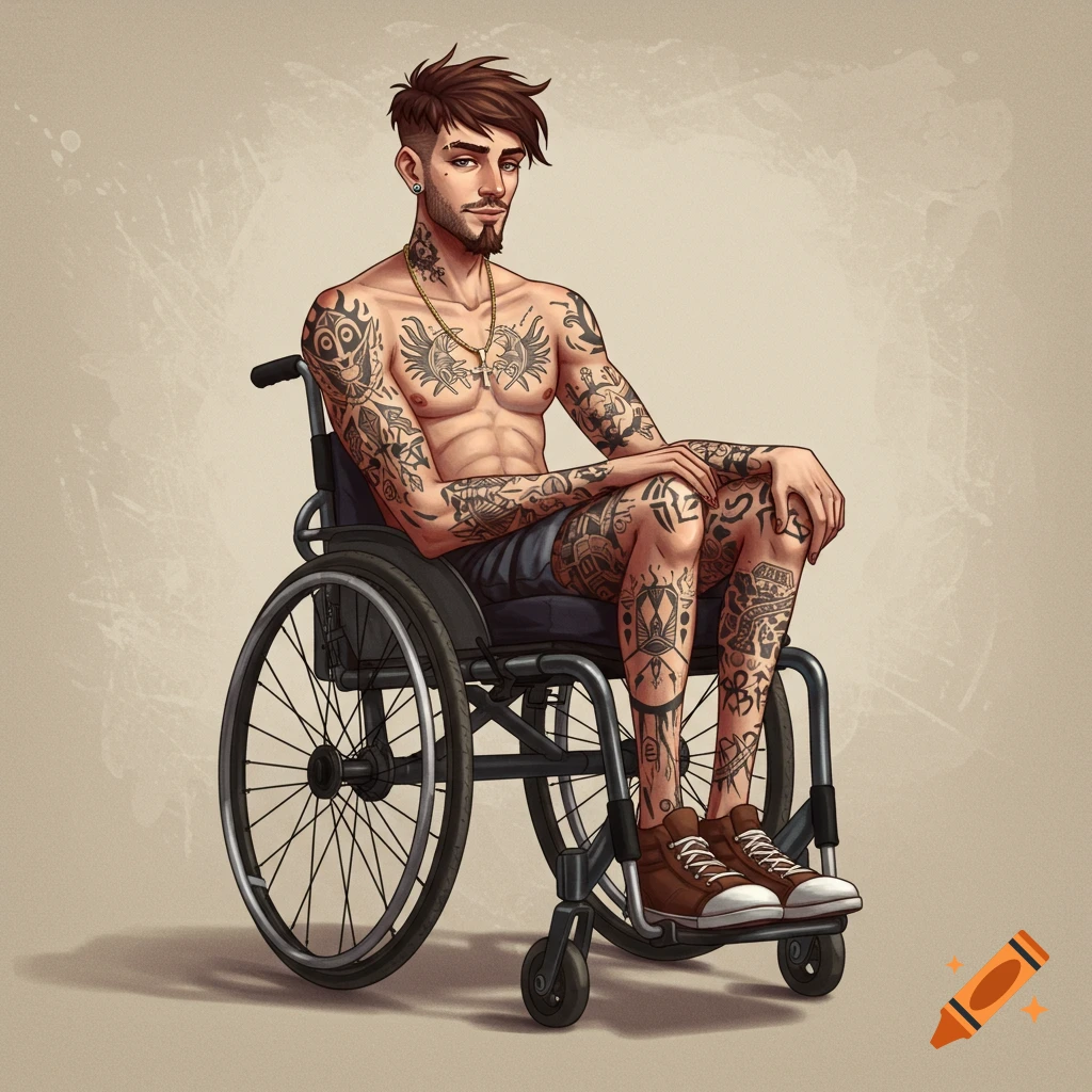A heavily tattooed man with a goatee is sitting in a wheelchair.