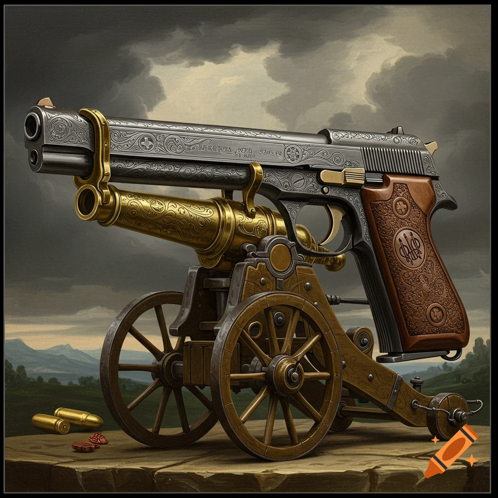 A pistol mounted on a miniature cannon carriage, set against a dramatic sky.