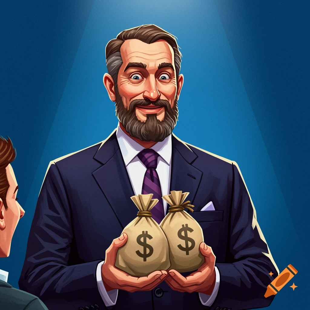 Illustration of a man in a suit holding two money bags with dollar signs.