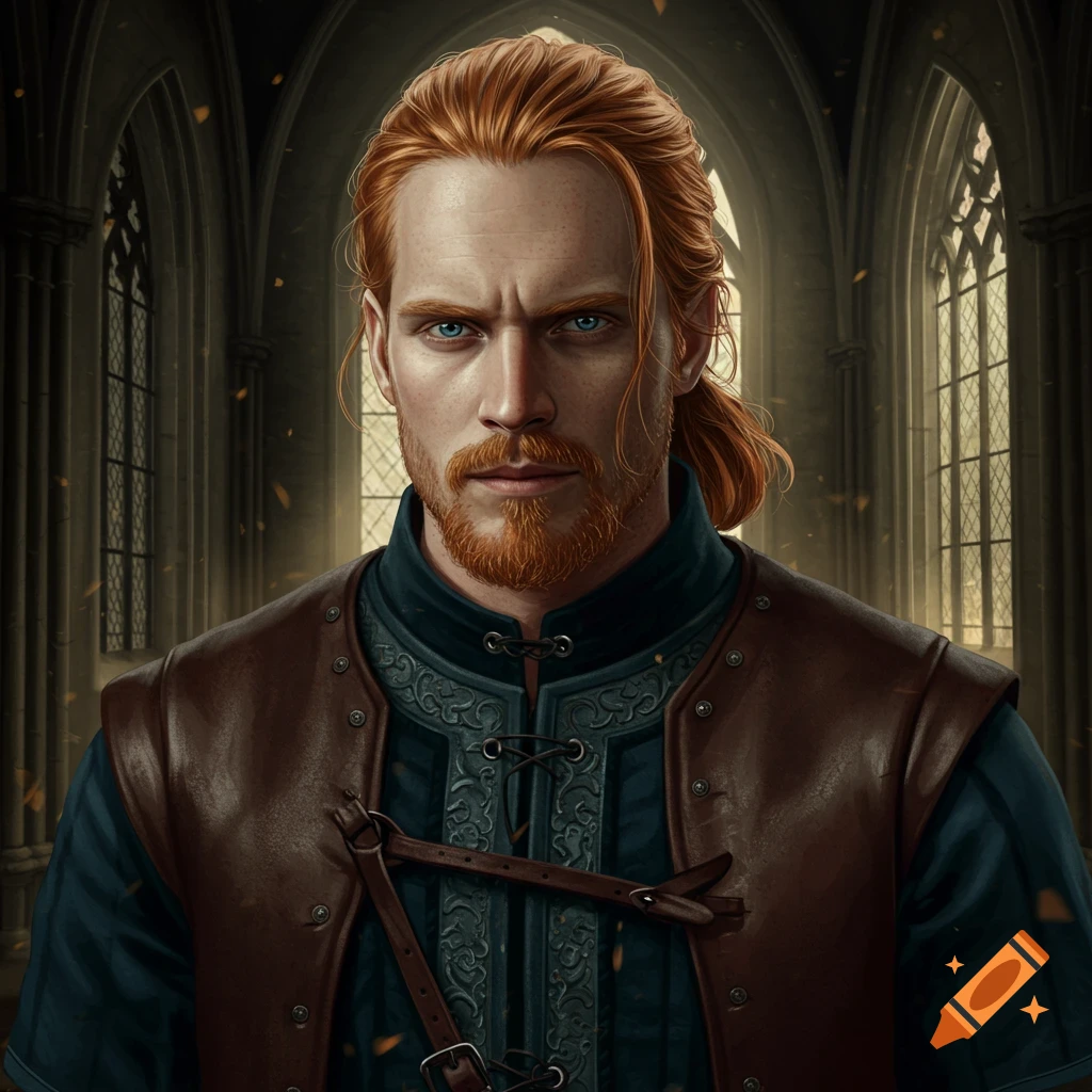 A red-haired man in medieval clothing stands in a gothic interior.