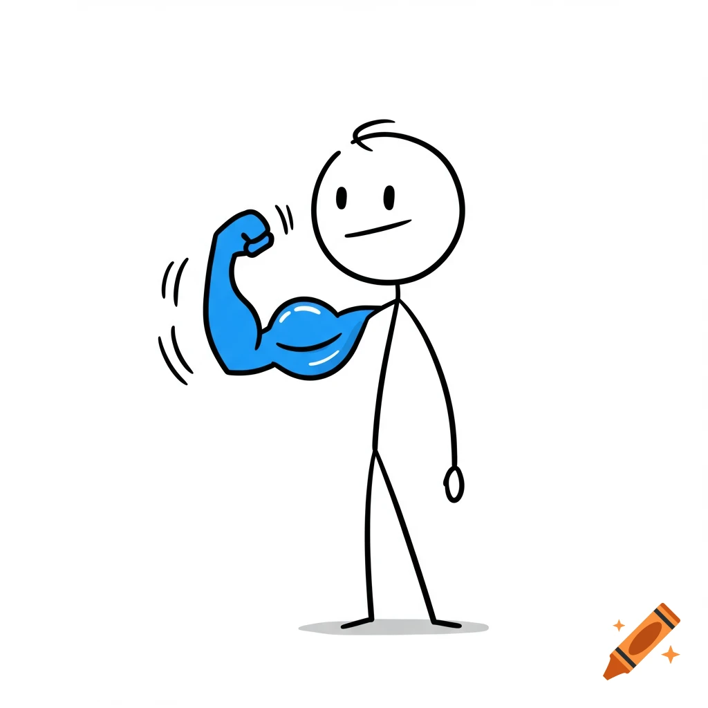 A stick figure person flexing a large blue arm muscle.