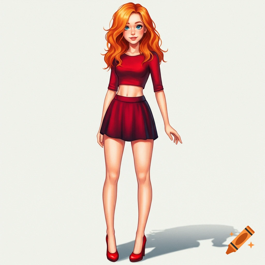 Stylized illustration of a woman with red hair, blue eyes, wearing a red crop top and short skirt.