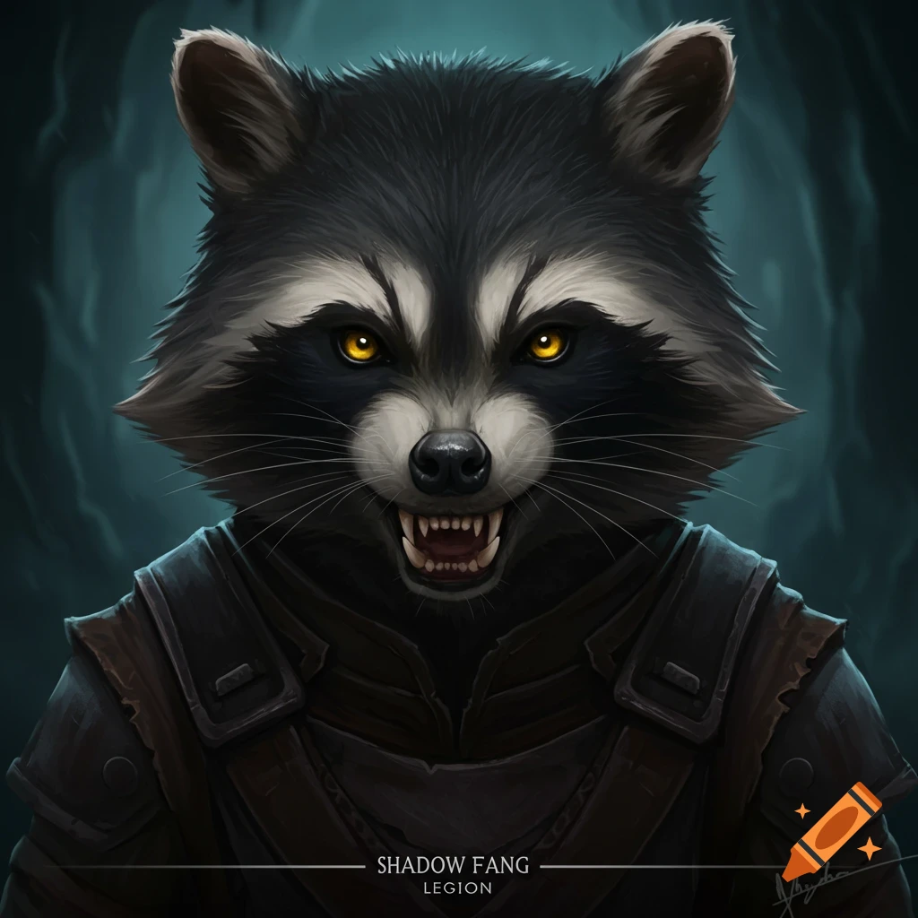 A close-up of a raccoon wearing dark armor, with glowing yellow eyes and bared teeth, looking menacing.