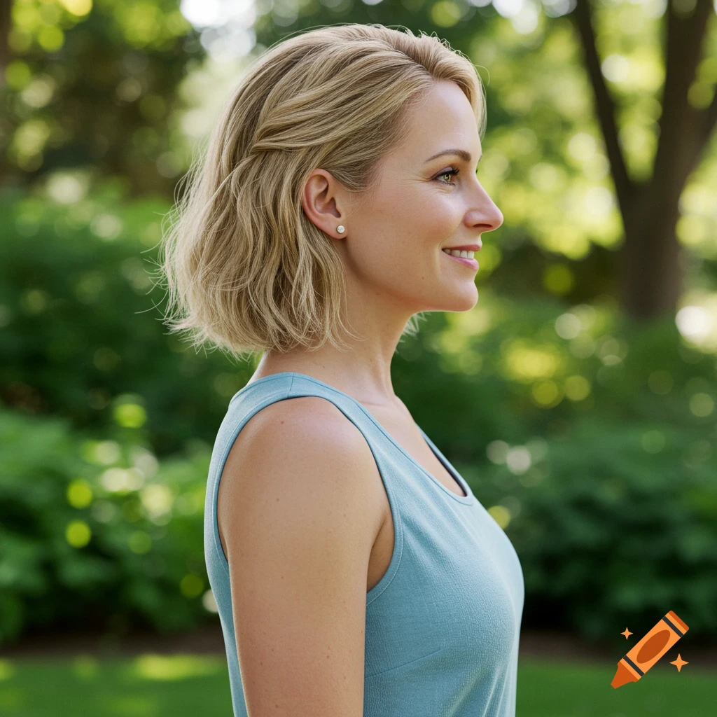 Profile of a woman with blonde hair smiling in a park