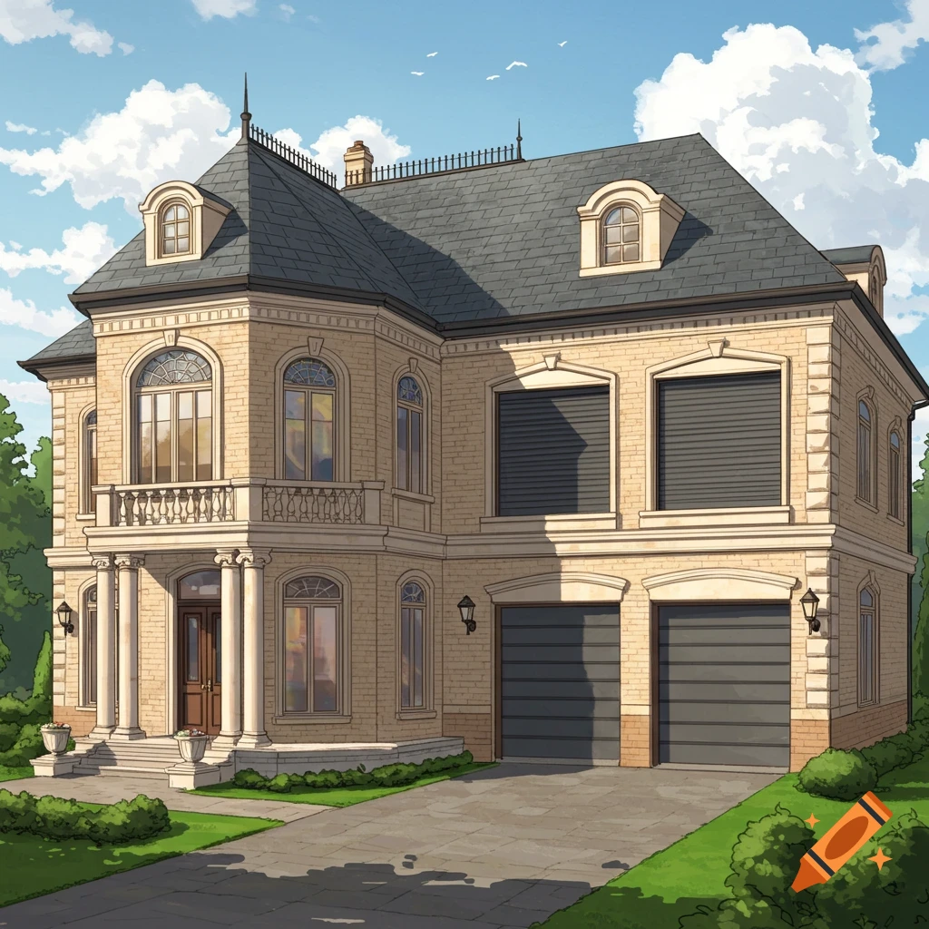 A large, luxurious house with a garage and driveway.