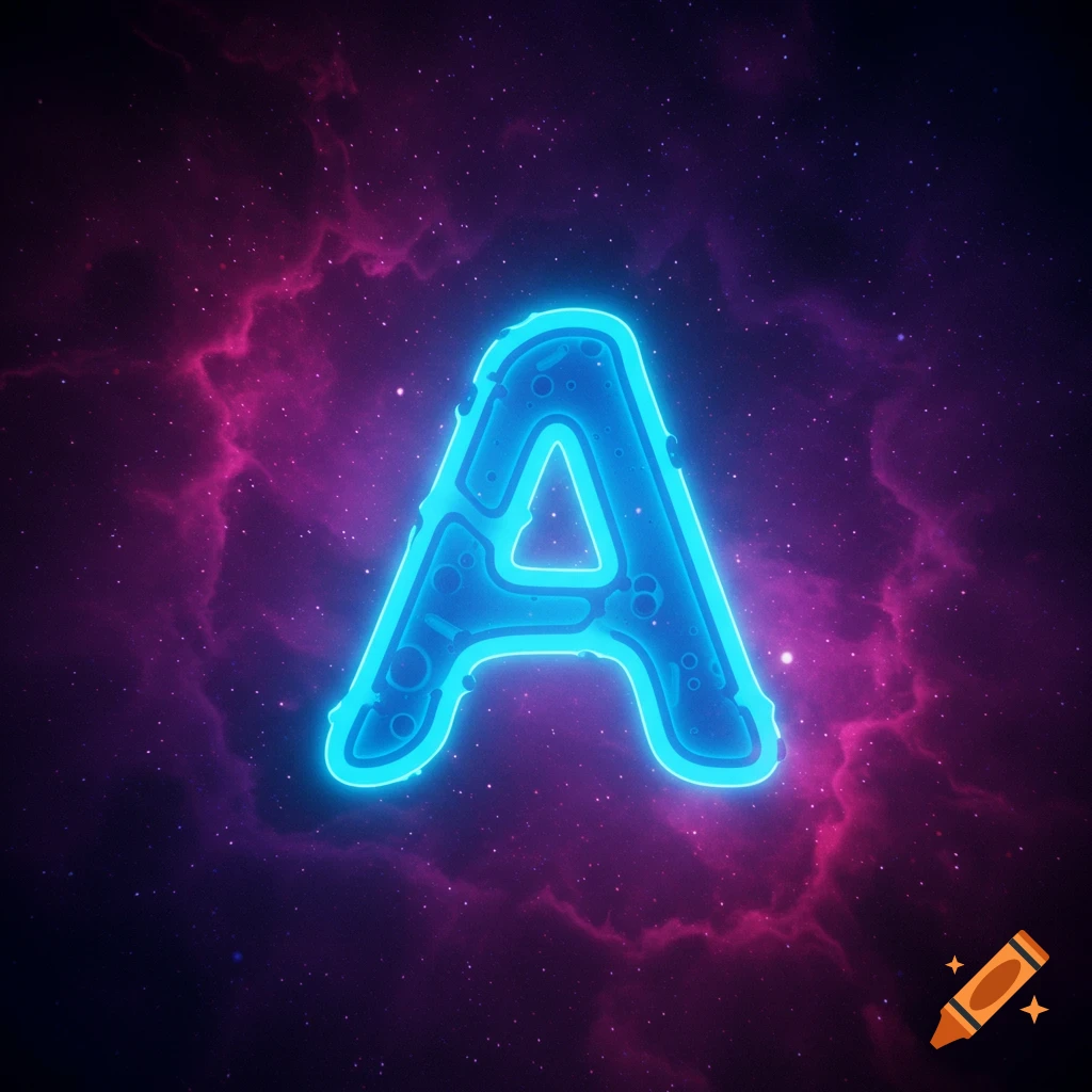 A glowing blue futuristic letter A in front of a pink and purple nebula with stars.