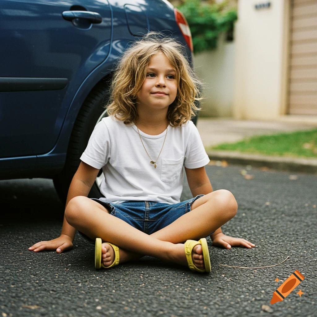 Photographic portrait of a young boy with long blonde hair sitting cross-legged on pavement next to a blue car.