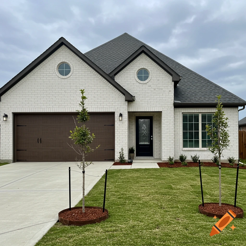 A modern white brick house with a dark brown garage, black front door, and two young trees in the front yard.