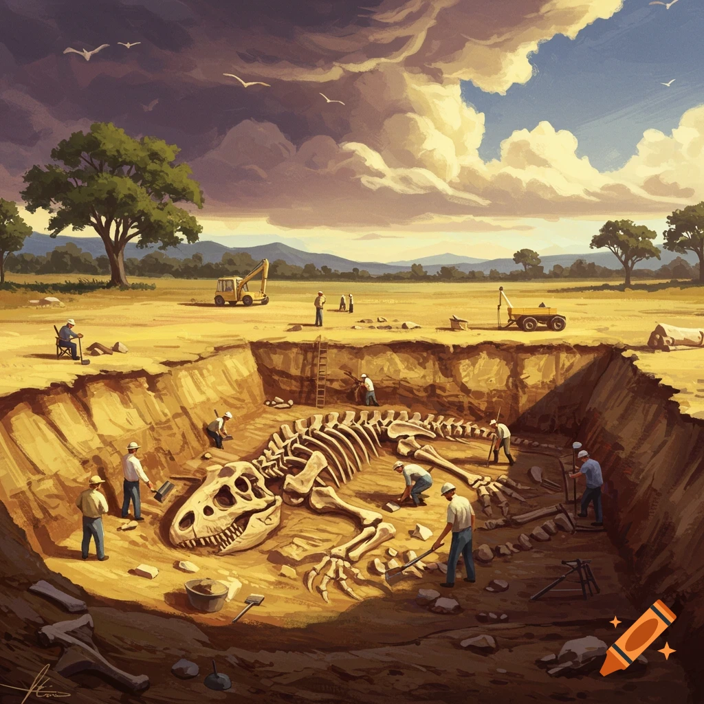 Archaeologists excavating a large dinosaur skeleton from a pit.