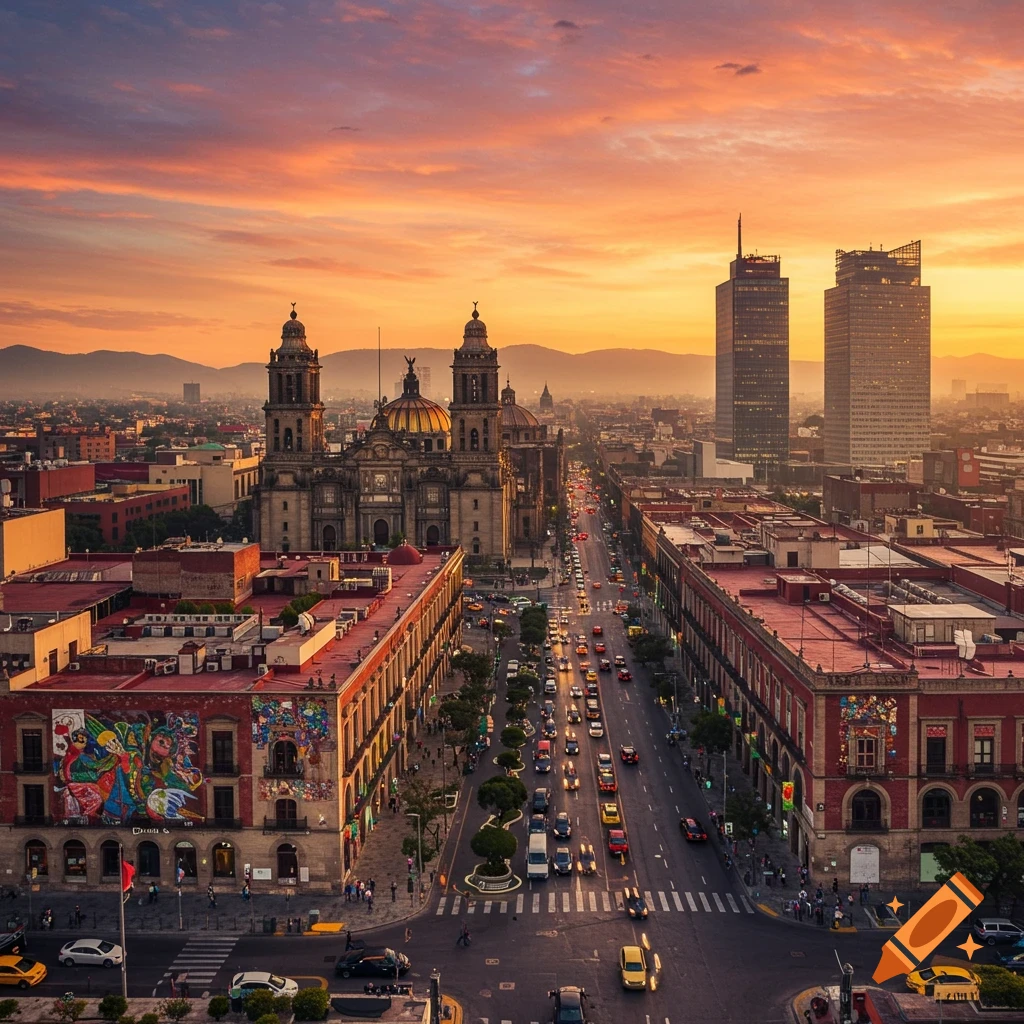 An aerial view of Mexico City's cityscape with a grand cathedral and skyscrapers under a vibrant sunset sky.