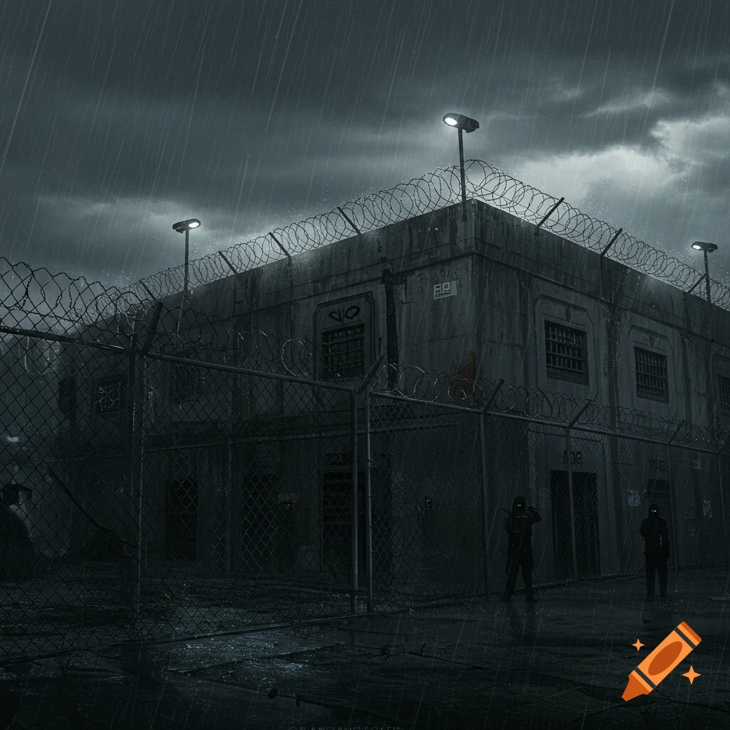 A grim concrete SCP site building in heavy rain, surrounded by barbed wire fences, with figures standing guard.
