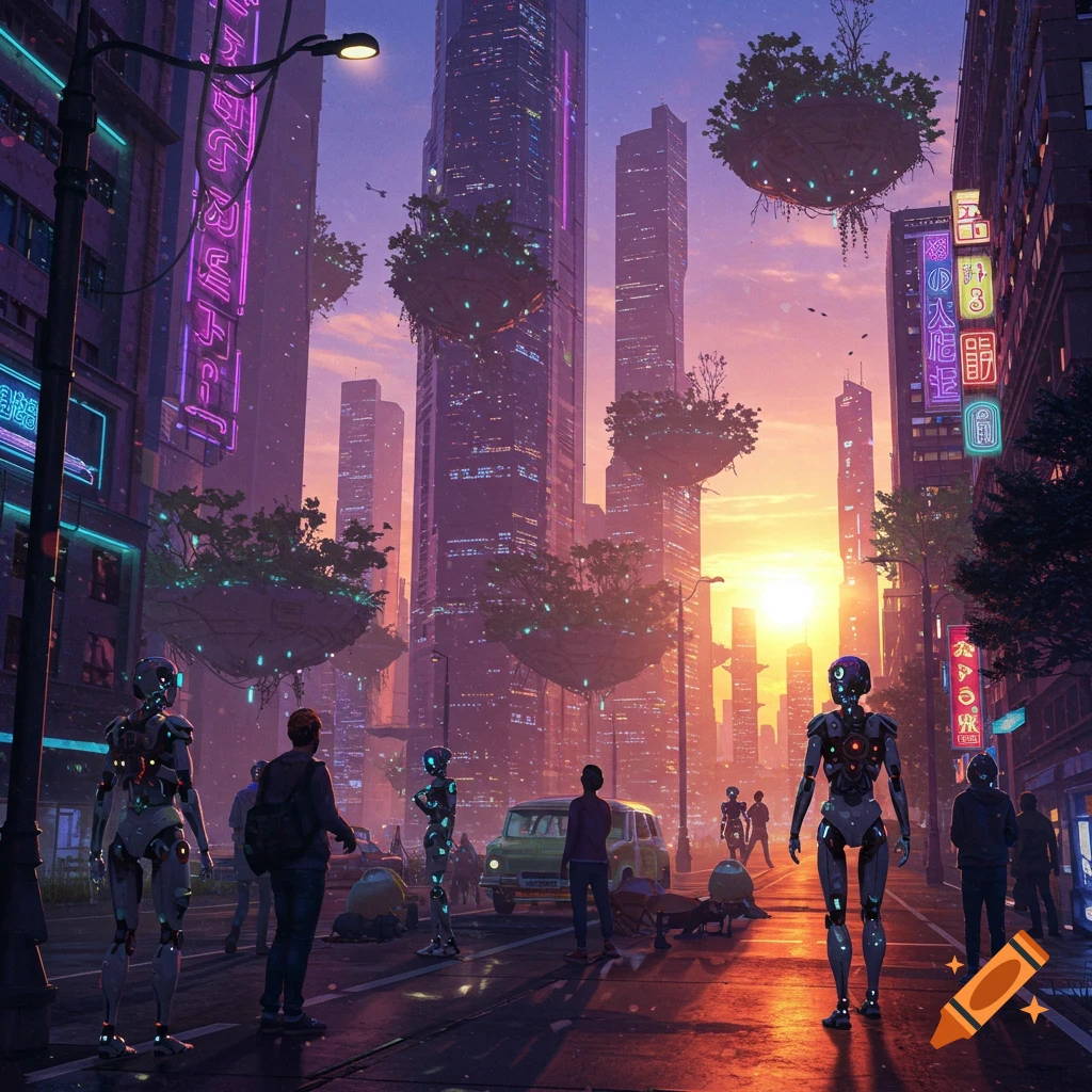 A futuristic cityscape at sunset with robots, humans, skyscrapers, and floating gardens.