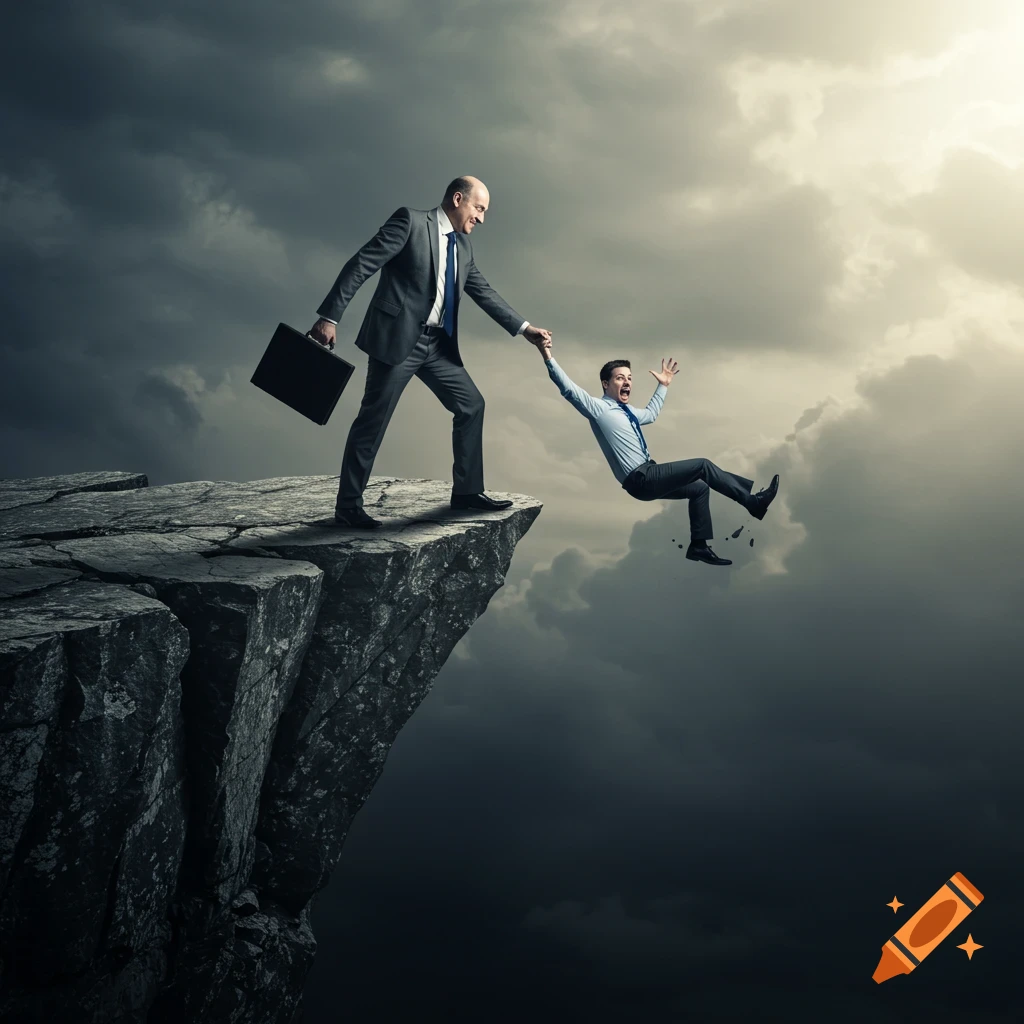 A businessman holds the hand of another man falling from a cliff edge under a stormy sky, digital art.
