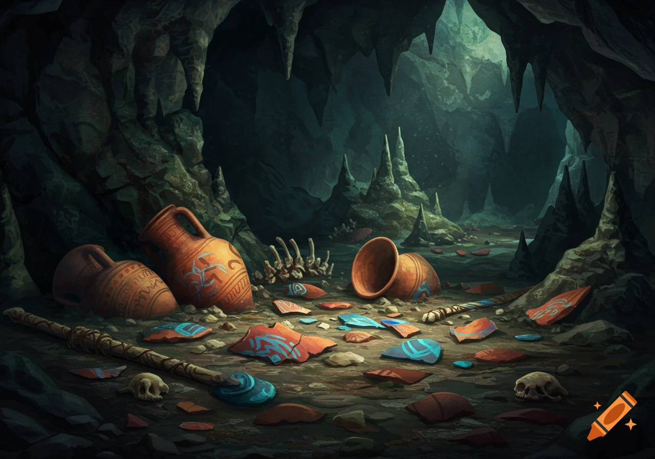 Broken pottery, bone fragments, and skulls are scattered on the ground inside a dark cave.