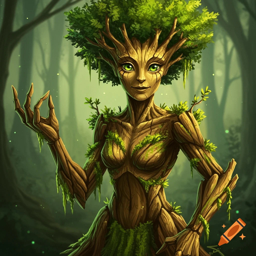 A tree creature woman with green eyes and leaves in a forest.