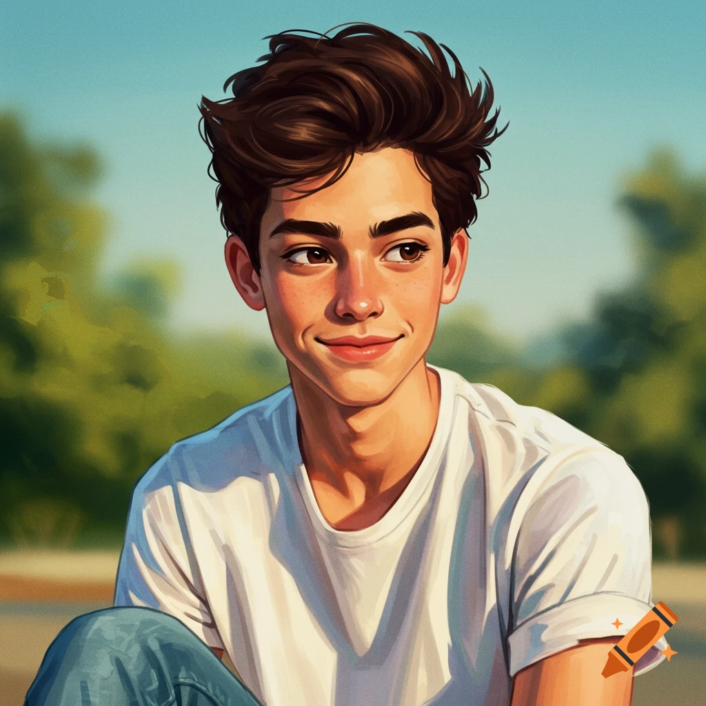 A young man with brown hair and freckles is smiling, with green trees in the background.