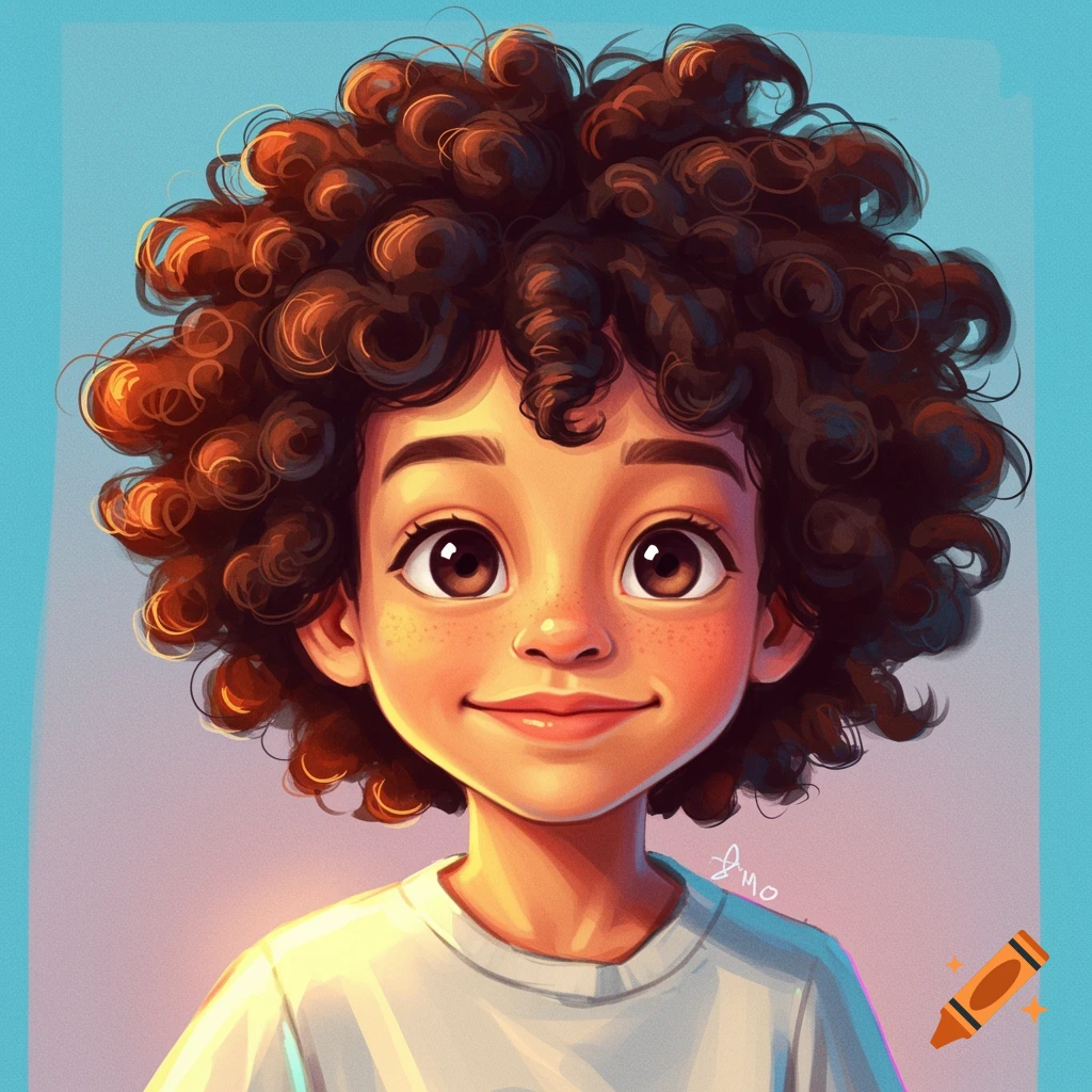 A young person with large brown eyes and bouncy curly brown hair, smiling.