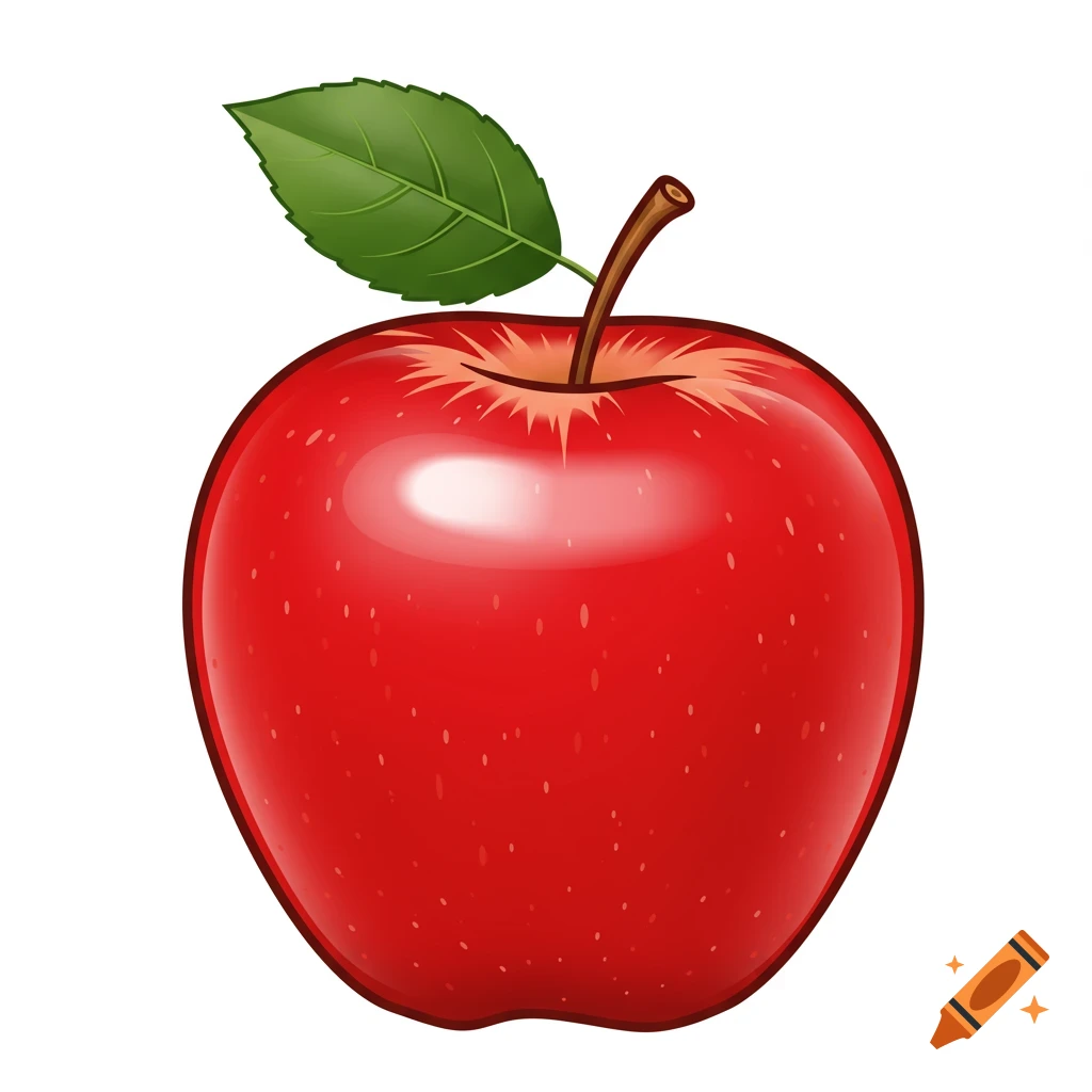 A vector graphic illustration of a red apple with a green leaf.