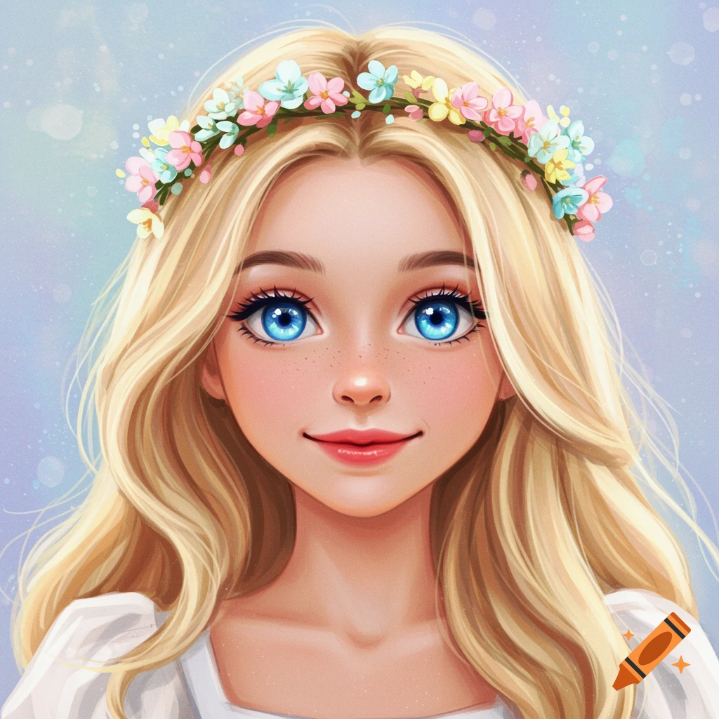 A portrait of a young girl with blonde hair, blue eyes, and a flower crown.