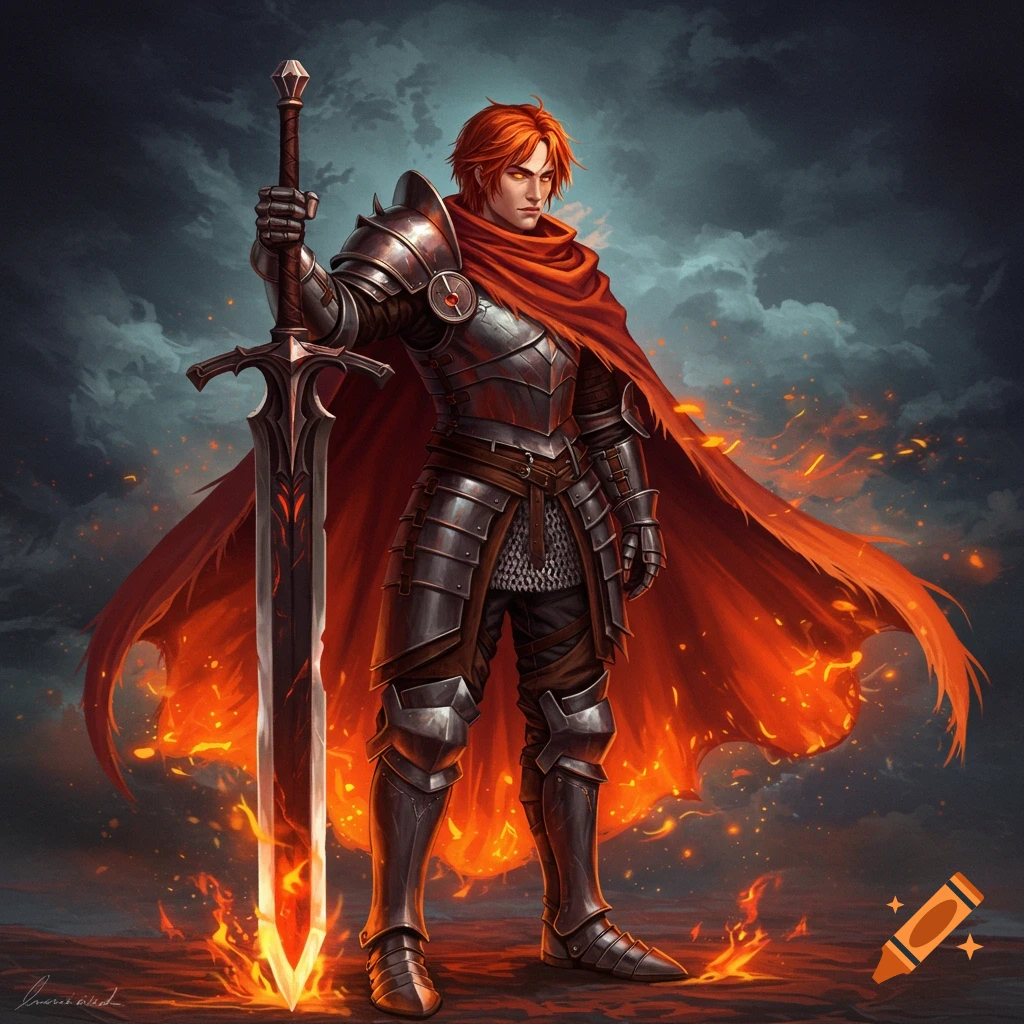 A warrior in armor with a fiery cloak is holding a large sword amidst flames.