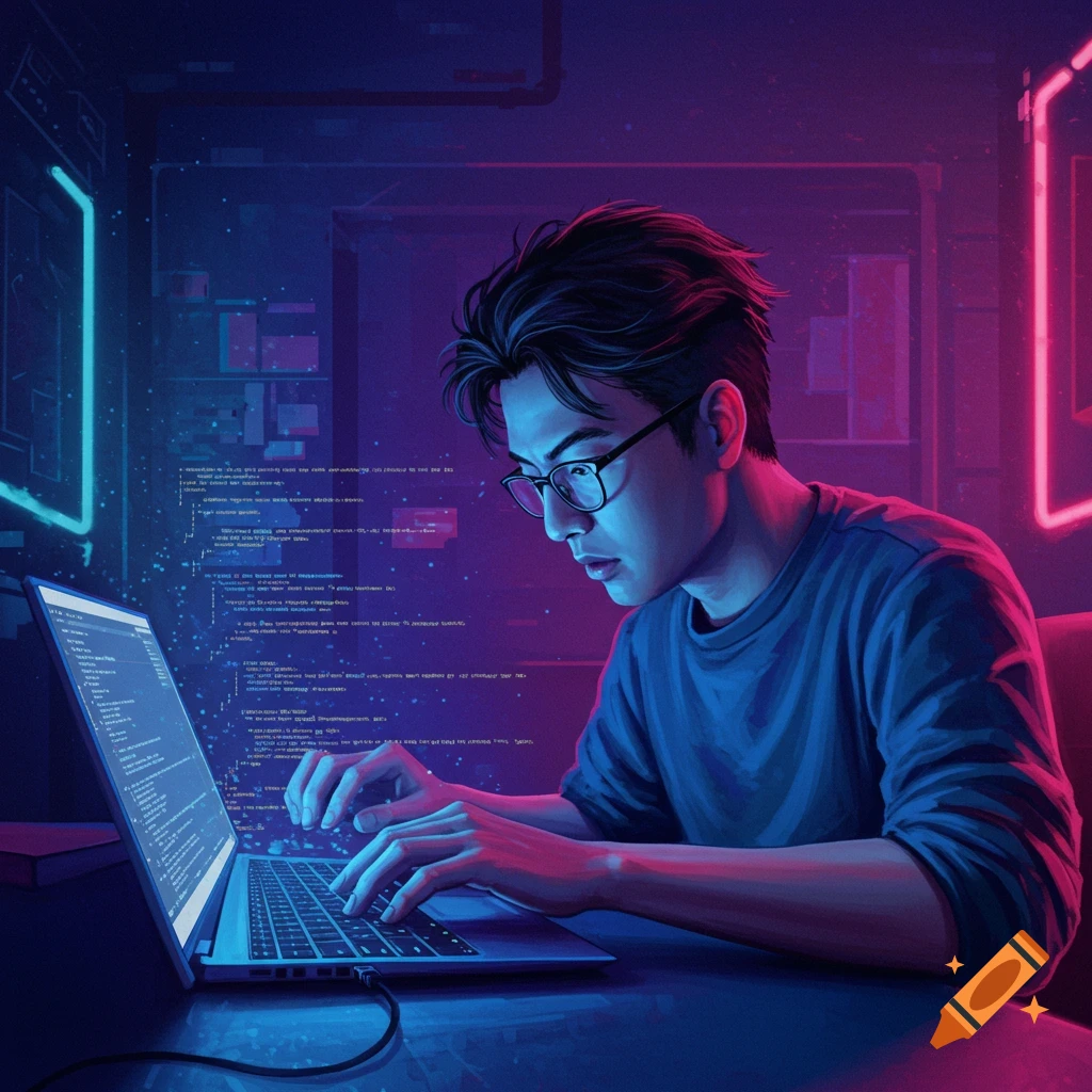 A programmer is coding on a laptop in a neon-lit room.
