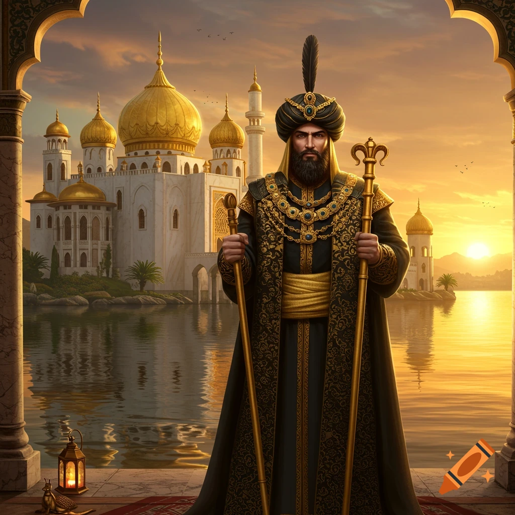 A rich sultan in gold and black ornate clothing stands by water with a grand palace behind him at sunset.
