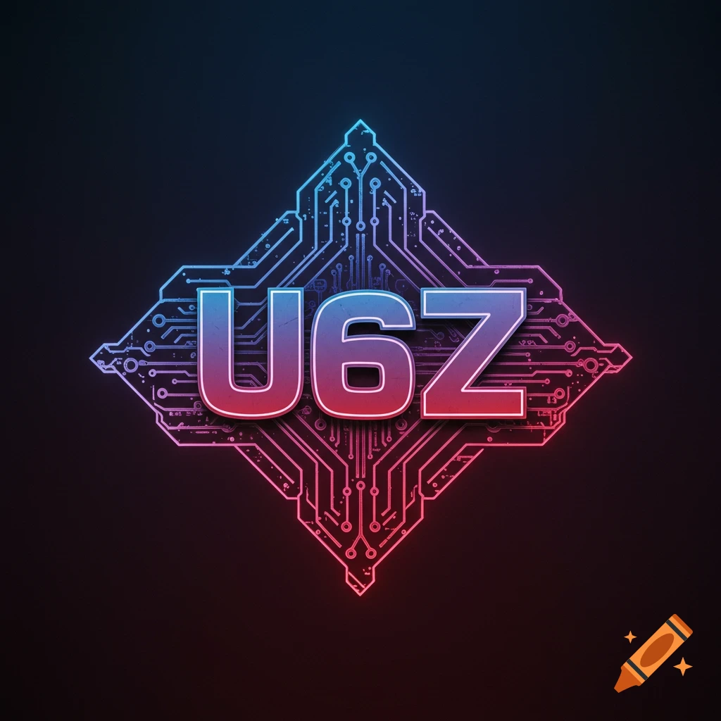 Glowing neon blue and pink logo with U6Z text on a circuit board design.
