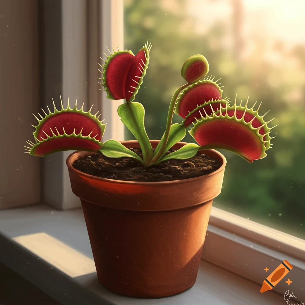 A Venus flytrap in a pot sits on a sunny windowsill.