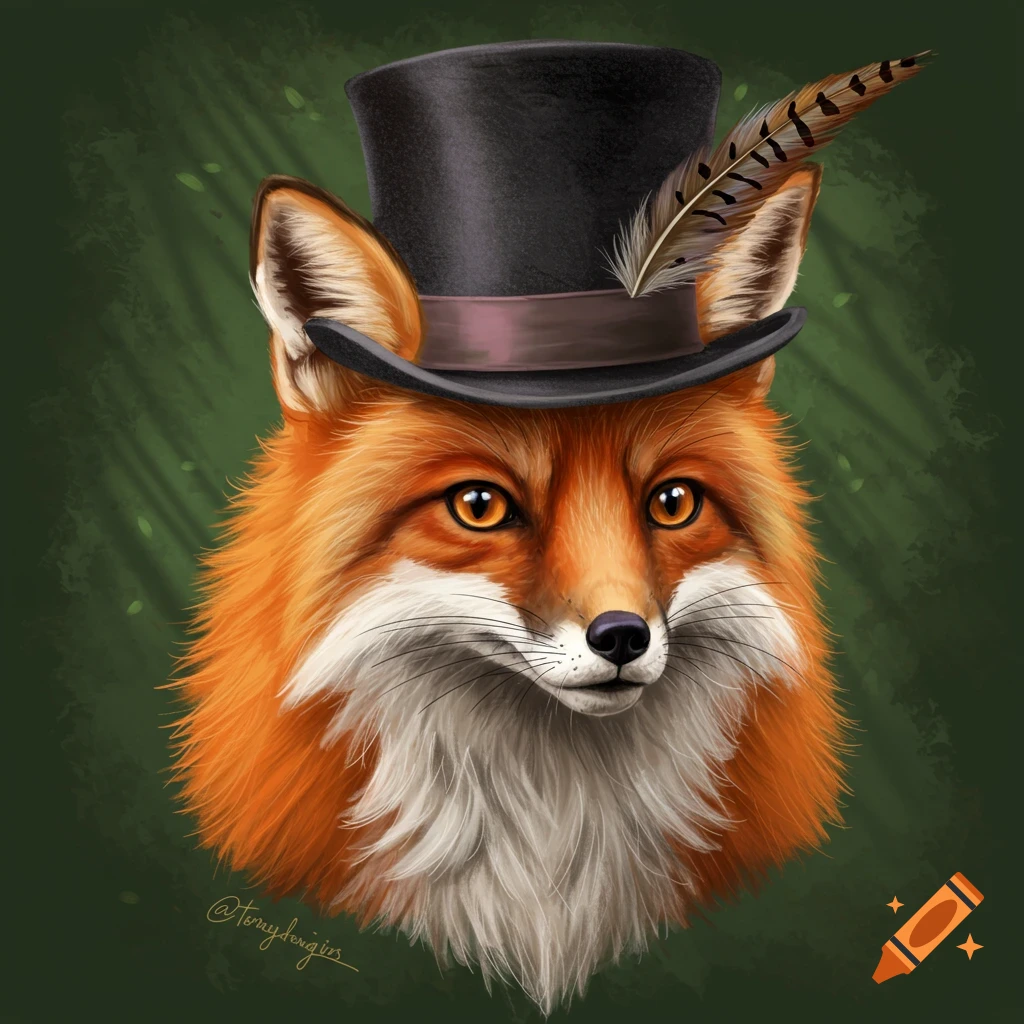 A fox wearing a top hat with a feather.