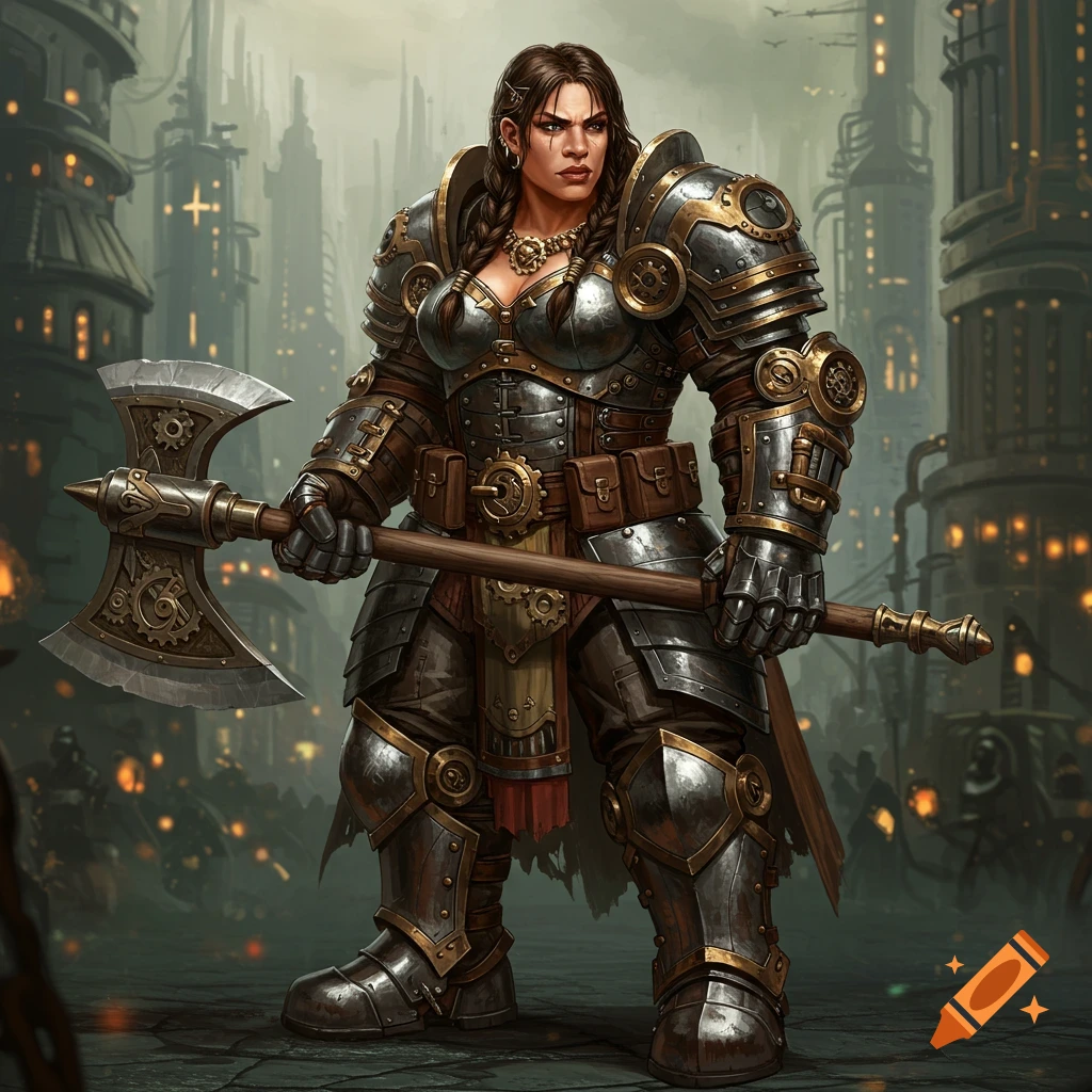 A female warrior in ornate steampunk armor holding a large axe, standing in a detailed industrial city.