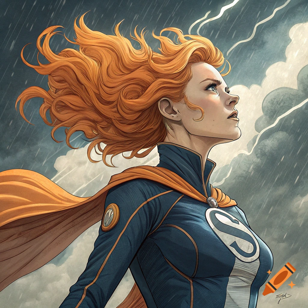A woman with red hair in a blue and yellow uniform stands in a ruined ...