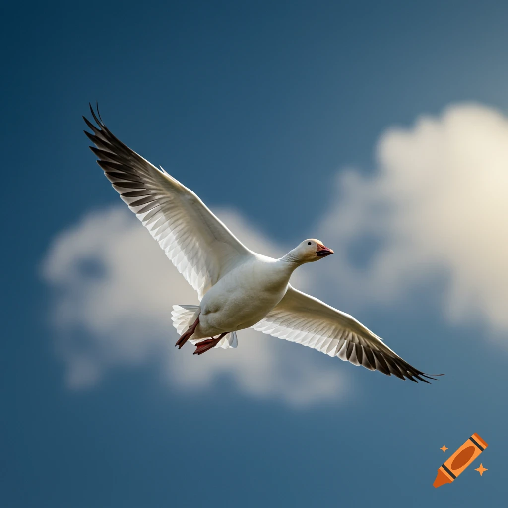 A white snow goose flies across a blue sky with clouds.