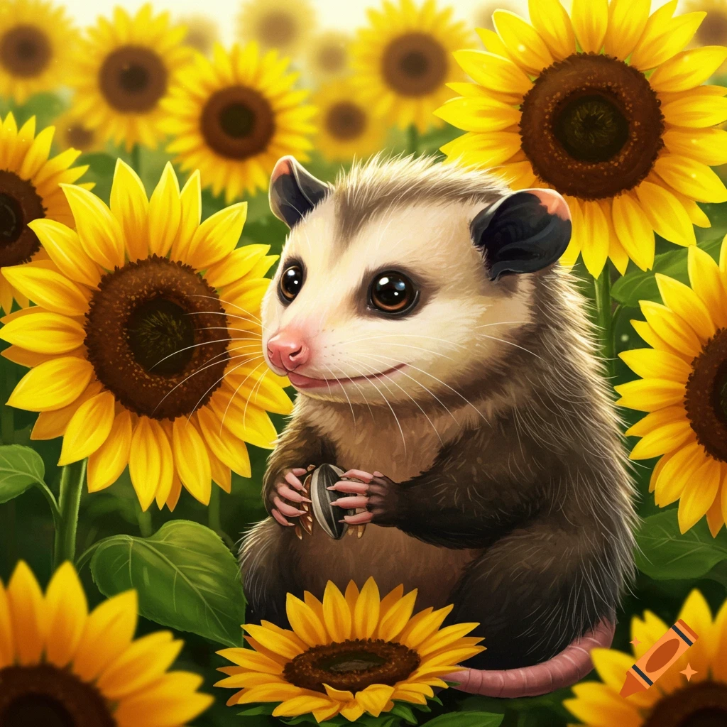 A cute opossum sitting in a field of sunflowers.