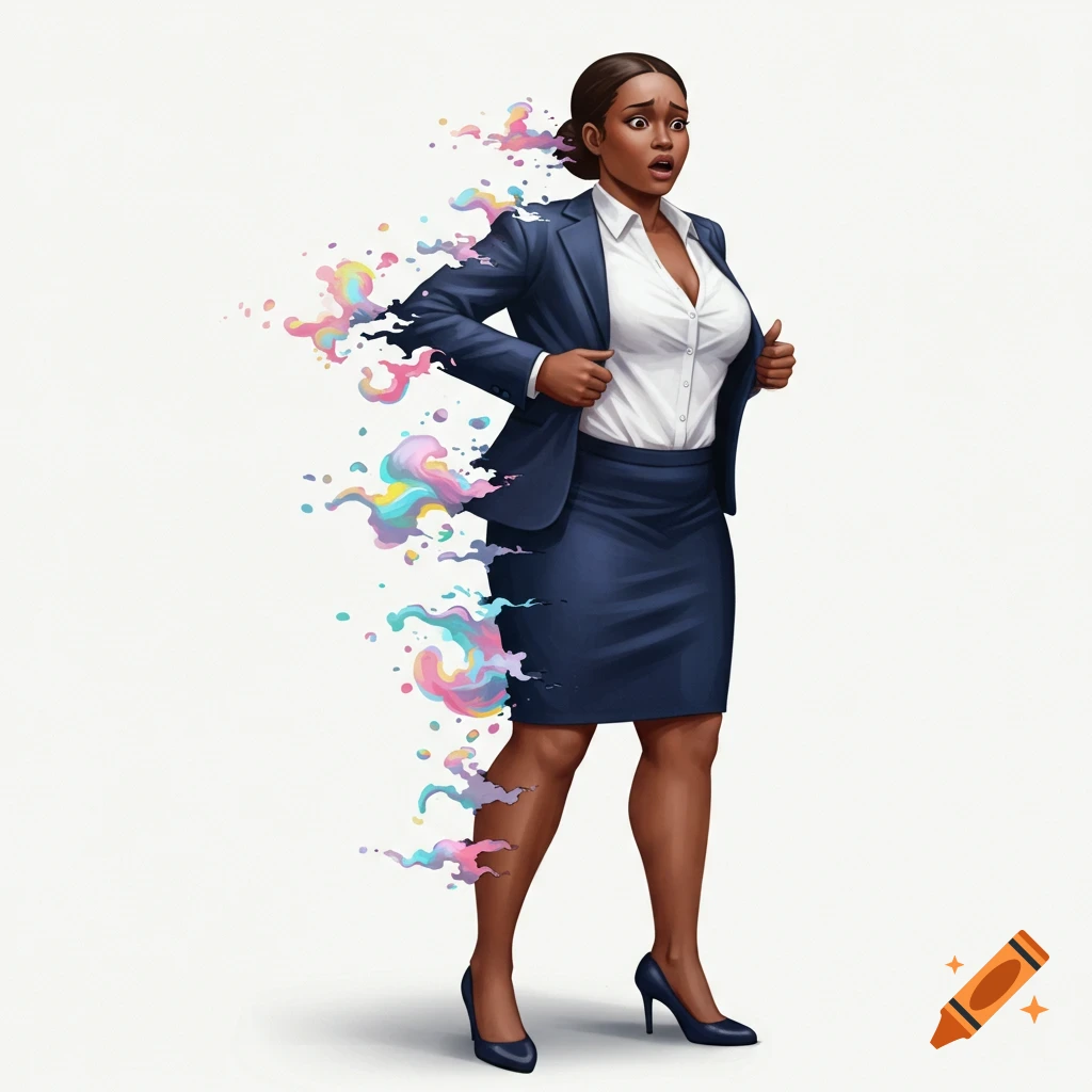 Illustration of a woman in a business suit dissolving into colorful splashes, looking flustered.
