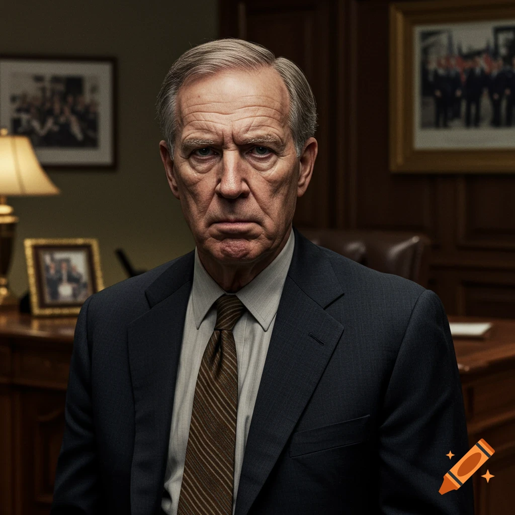Photorealistic portrait of an older man in a suit sitting at a desk in an office.
