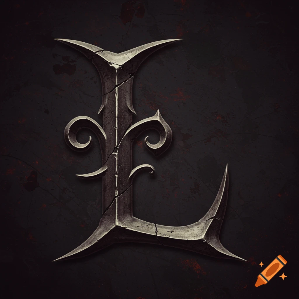 A stylized gothic letter L made of cracked metal.