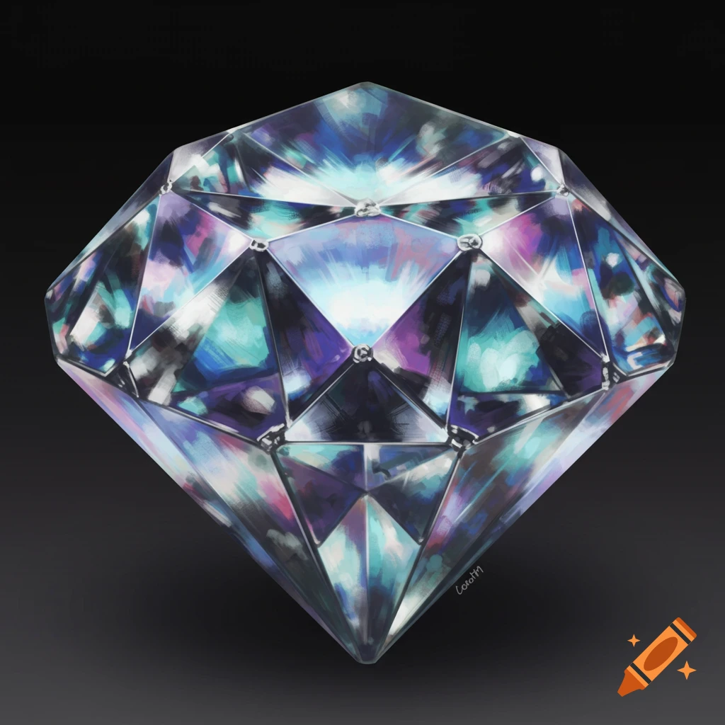 A faceted, metallic diamond reflecting colorful light against a dark background.