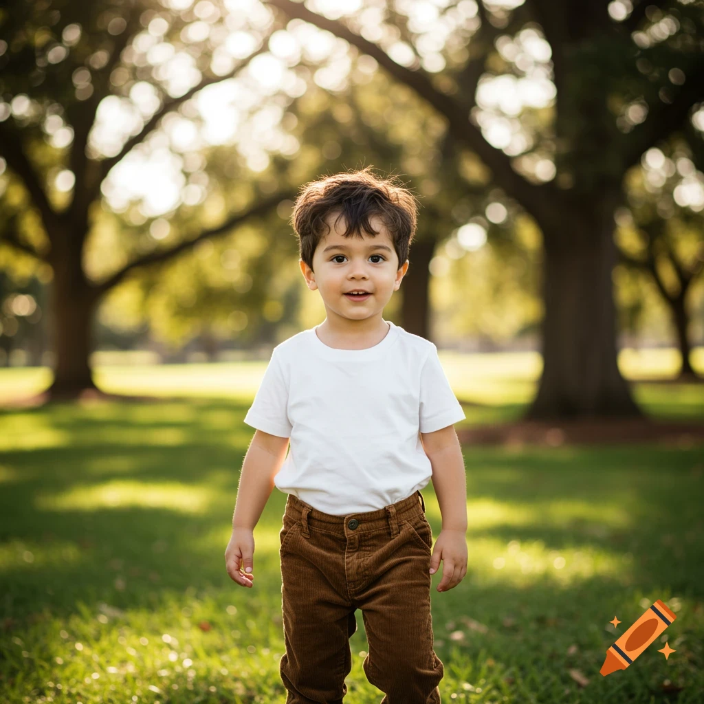 Young boy in a white t-shirt and brown pants stands in a sunny park.