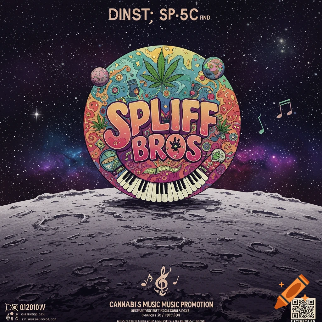 Psychedelic logo with cannabis leaves and piano keyboard on the moon for cannabis music promotion.