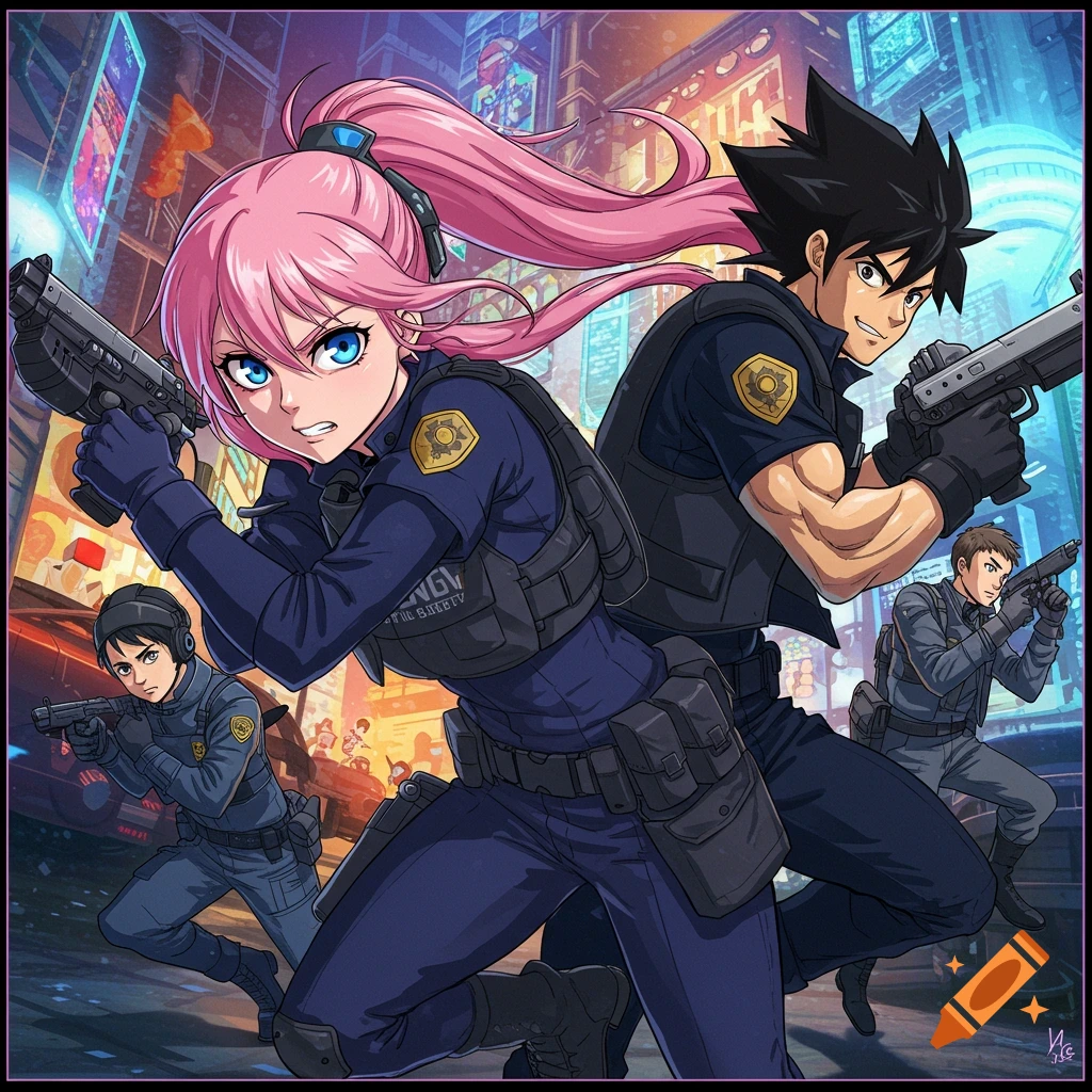 Anime depiction of police officers running forward with guns in a city street.