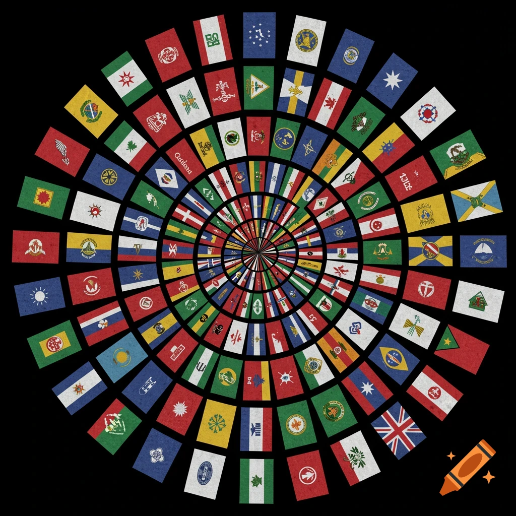 Circular arrangement of various flags on a black background.