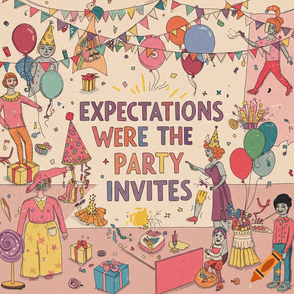 Stylized drawing of a party with figures, balloons, and the text 'EXPECTATIONS WERE THE PARTY INVITES'.