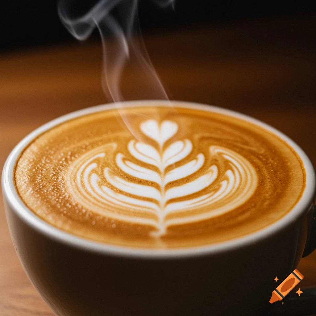 Close-up of a coffee cup with latte art shaped like a leaf pattern.