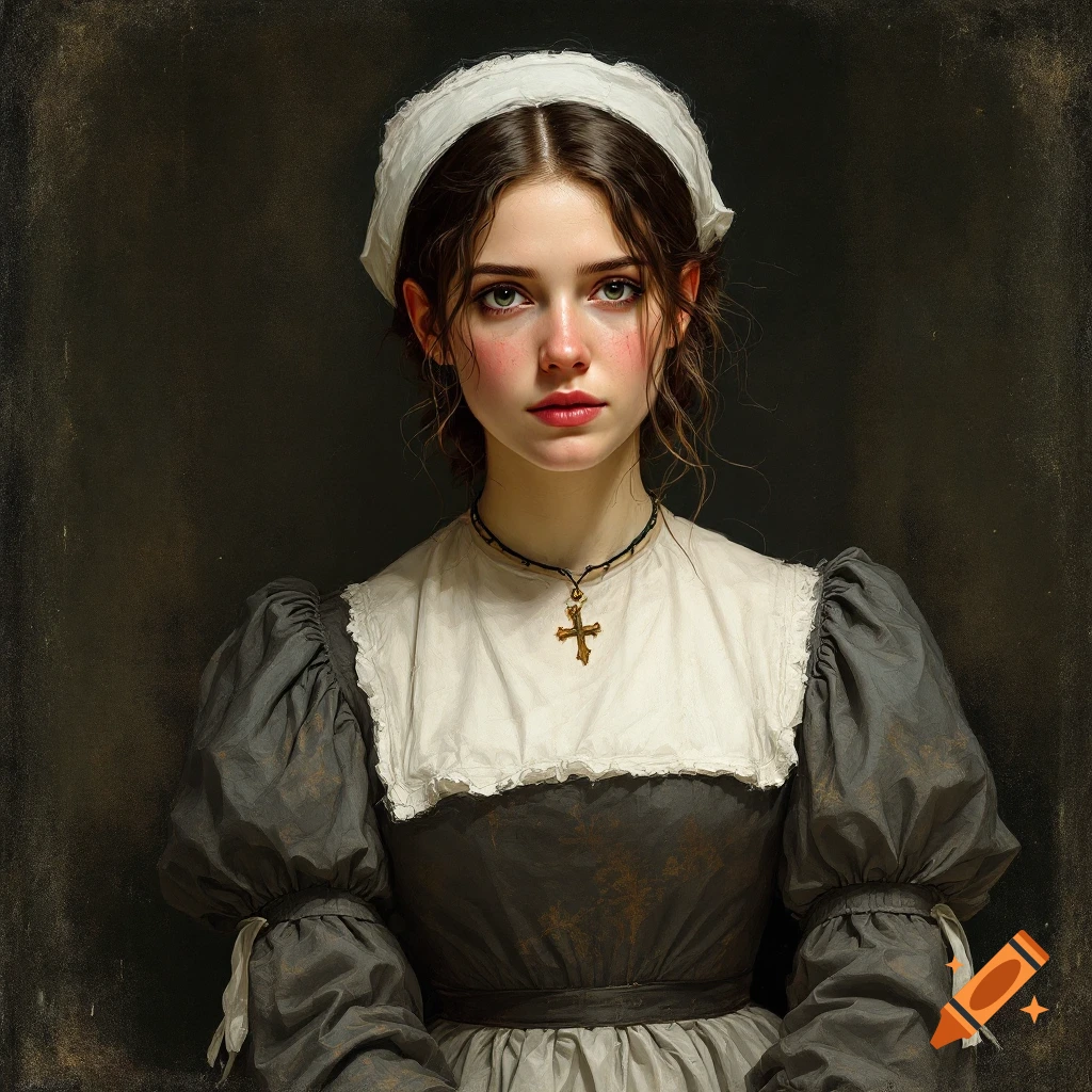 A young woman in historical clothing, including a white cap and a cross necklace.