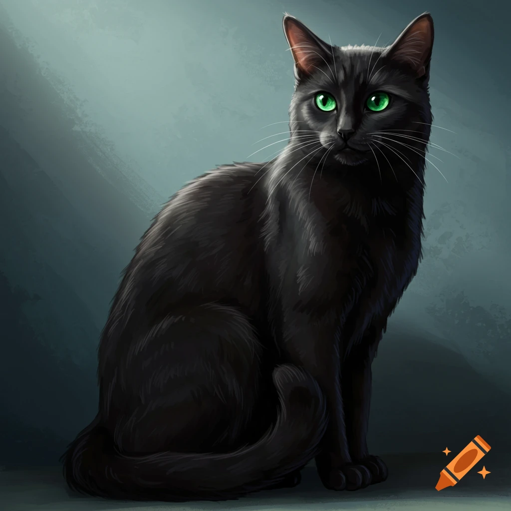 A black cat with bright green eyes, sitting.