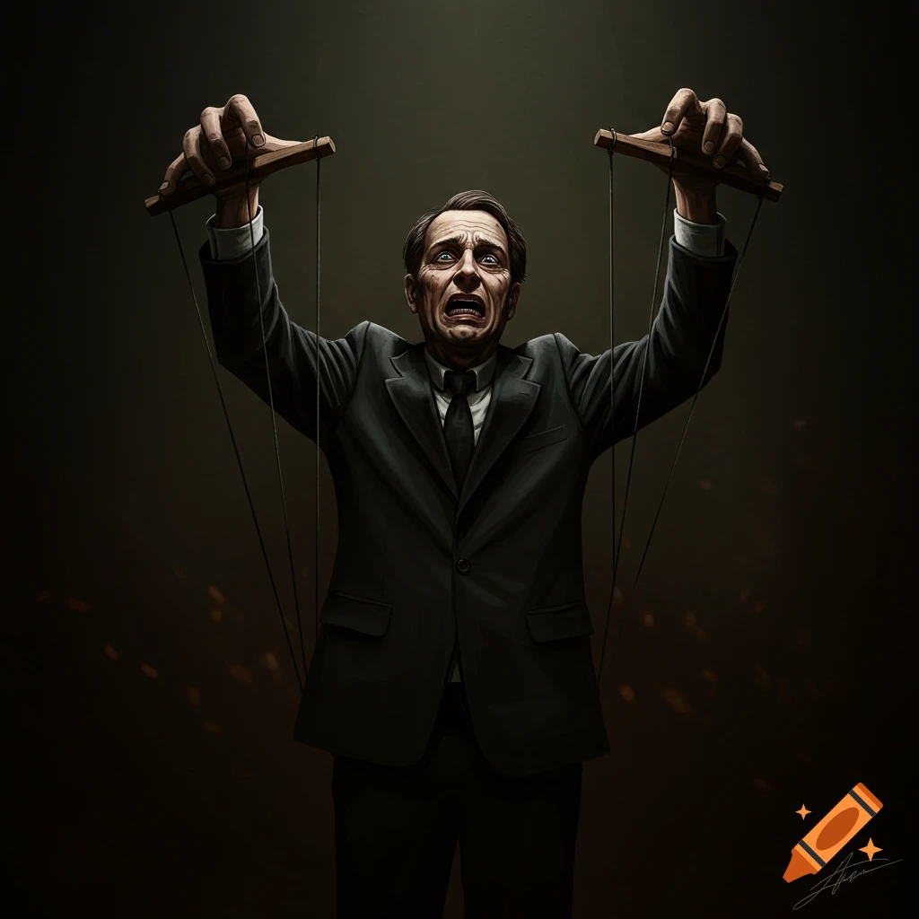 a man in a suit controlled by puppet strings