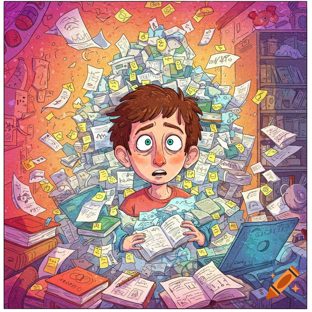 Cartoon illustration of a person overwhelmed by a huge pile of research papers.