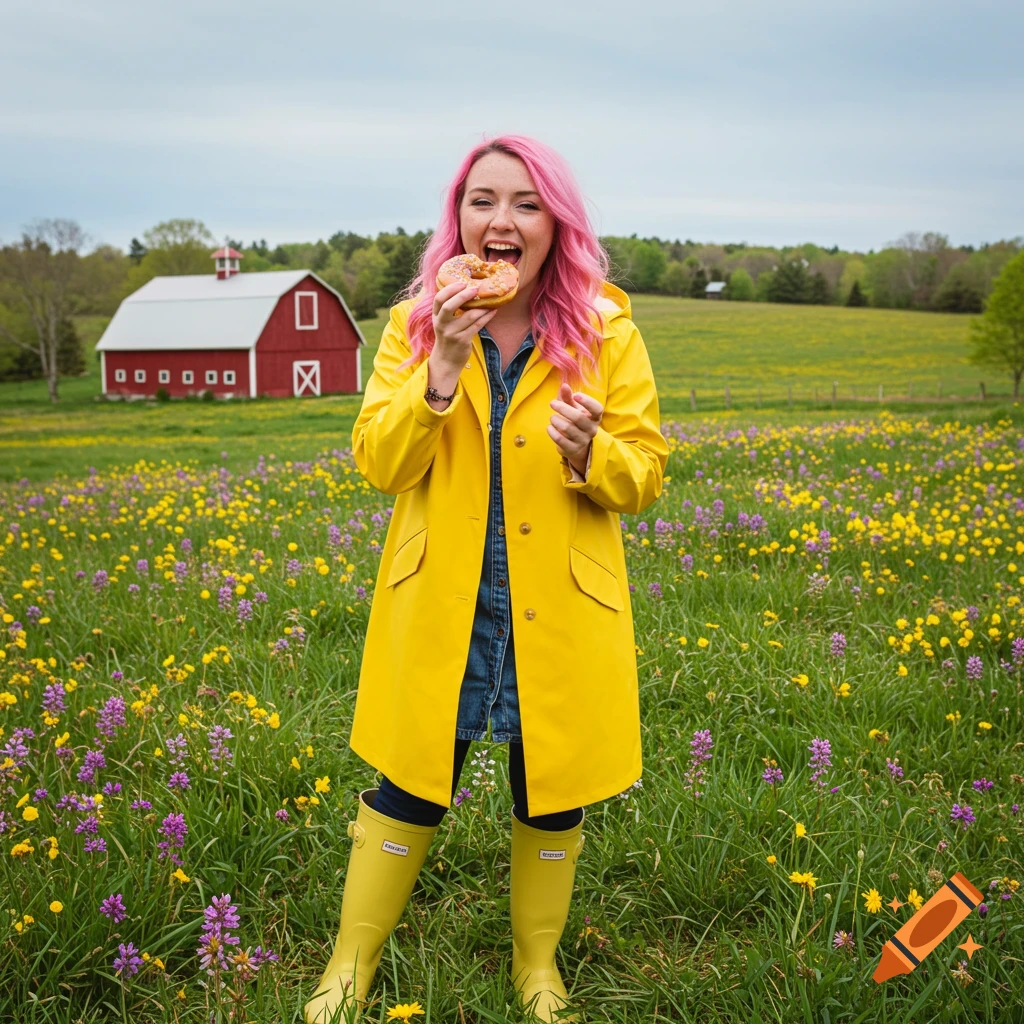 Woman with pink hair in yellow raincoat eating donut in wildflower field with red barn.