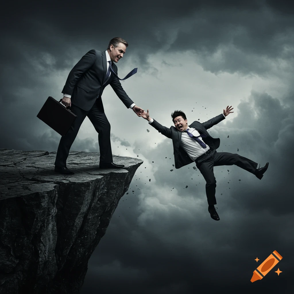 A businessman on a cliff reaches for a falling businessman over a cliff edge under a stormy sky.
